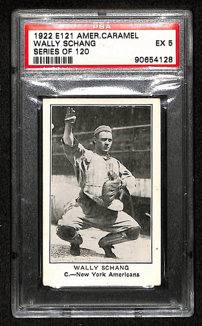 1922 E121 Wally Schang Baseball Card PSA 5 Highest Grade: 1922 E121 Wally Schang Baseball Card PSA 5 Highest Grade Offered is a 1922 E121 American Caramel Wally Schang trading card featuring the New York Americans. This original card is graded EX 5 by PSA, w