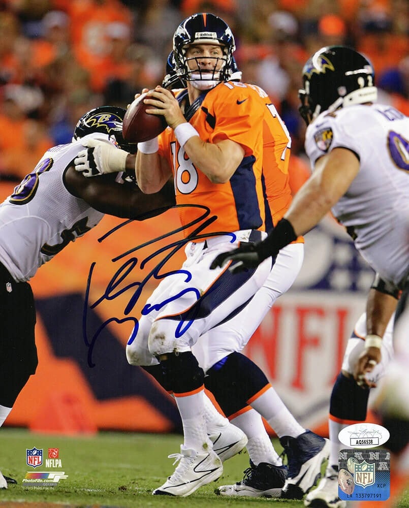 Peyton Manning Signed Broncos 8x10 Photo with JSA COA: Peyton Manning Signed Broncos 8x10 Photo with JSA COA Capture a piece of NFL history with this Peyton Manning signed Denver Broncos orange jersey action photo, featuring Manning in a game against the