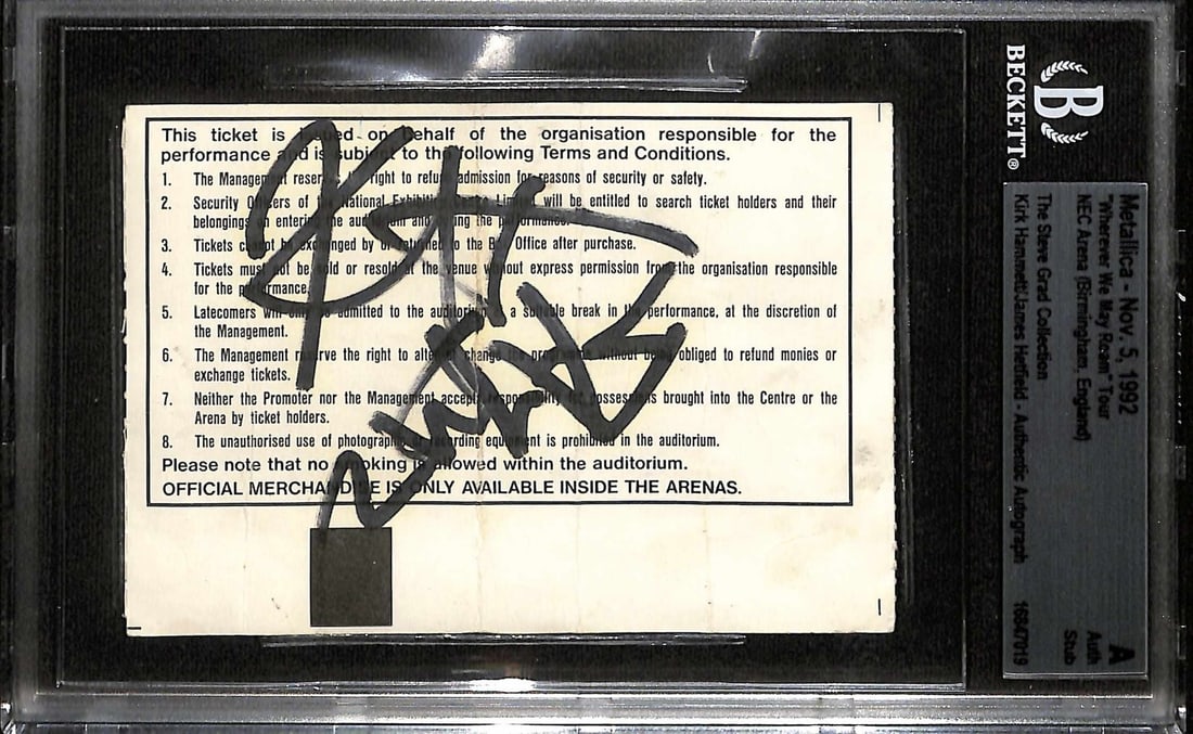 Metallica Signed 1992 Concert Ticket by Hetfield & Hammett Beckett Authenticated: Metallica Signed 1992 Concert Ticket by Hetfield & Hammett Beckett Authenticated This is a rare and historic Metallica concert ticket stub, signed by founding members James Hetfield and Kirk Hammett.