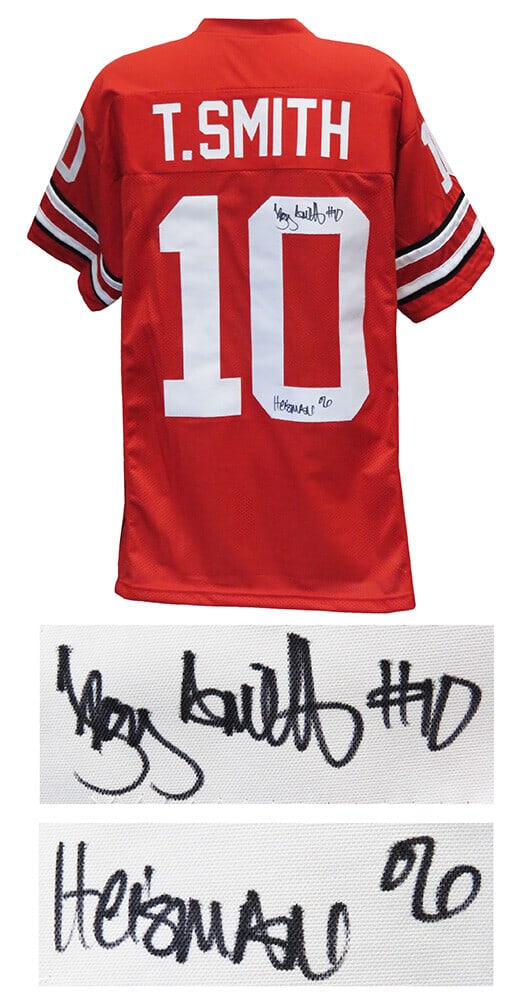 Troy Smith Ohio State Signed Red Jersey Heisman 06 with COA: Troy Smith Ohio State Signed Red Jersey Heisman 06 with COA Celebrate the legacy of college football with this original signed red custom football jersey from Troy Smith, the renowned Ohio State Bucke