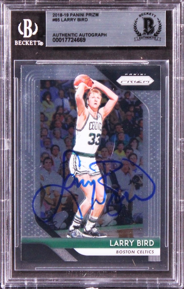 Larry Bird Signed 2018 Panini Prizm #85 Card Beckett Authenticated: Larry Bird Signed 2018 Panini Prizm #85 Card Beckett Authenticated This authentic 2018 Panini Prizm #85 card has been personally signed by basketball legend Larry Bird, a prominent player of the Bosto