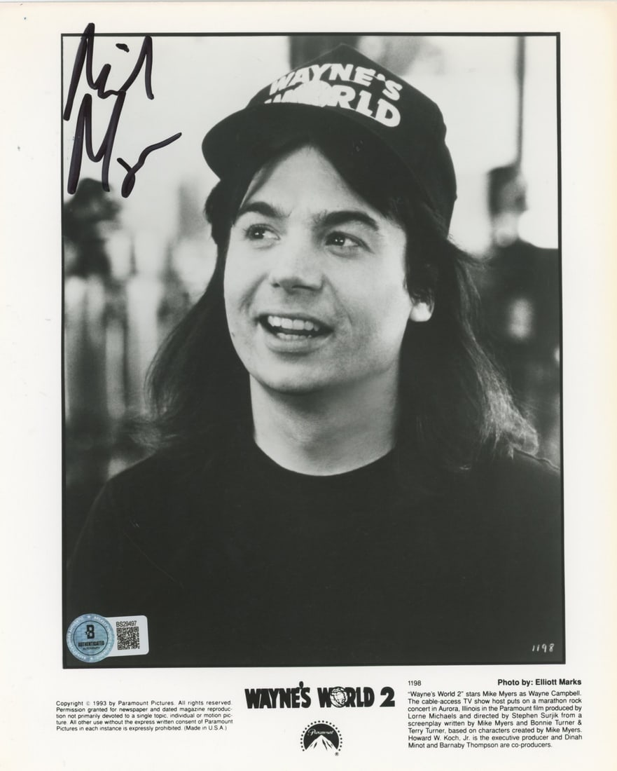 Mike Myers Signed Wayne's World 8x10 Photo Beckett Authenticated: Mike Myers Signed Wayne's World 8x10 Photo Beckett Authenticated This is an authentic autographed vertical 8x10 photograph featuring Mike Myers from the iconic film Wayne's World. The photograph has b