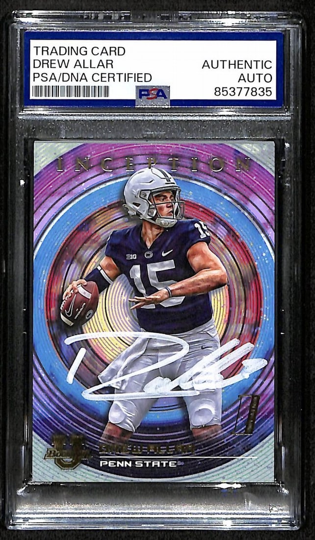 Drew Allar Signed 2022 Bowman U Inception RC Card #79 PSA/DNA: Drew Allar Signed 2022 Bowman U Inception RC Card #79 PSA/DNA This is a signed Drew Allar Penn State 2022 Bowman U Inception Chrome Refractor Rookie Card #79. The card is authenticated by PSA/DNA and