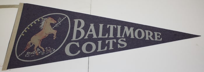1950s Original Baltimore Colts Pennant Vintage Sports Memorabilia: 1950s Original Baltimore Colts Pennant Vintage Sports Memorabilia This 1950's vintage Baltimore Colts pennant is a classic collectible in excellent condition. It showcases the team's iconic colors and