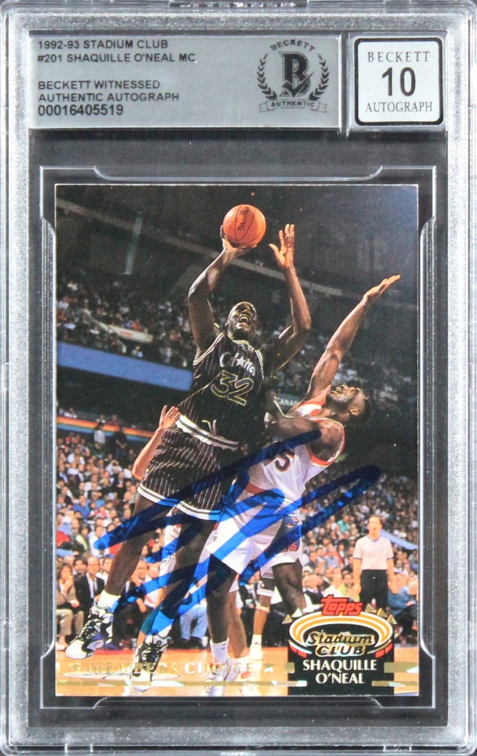 Shaquille O'Neal Signed 1992 Stadium Club RC Card Gem Mint 10 Beckett: Shaquille O'Neal Signed 1992 Stadium Club RC Card Gem Mint 10 Beckett This is a highly collectible Magic Shaquille O'Neal Signed 1992 Stadium Club #201 Rookie Card, graded Gem Mint 10 by Beckett Authe