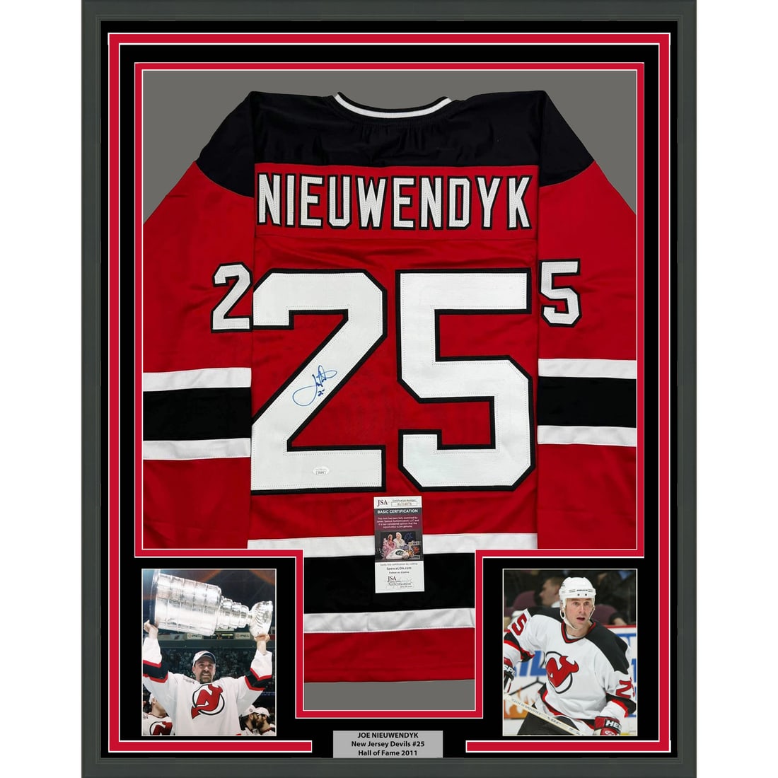 Framed Autographed Joe Nieuwendyk New Jersey Devils Jersey JSA COA 35x39: Framed Autographed Joe Nieuwendyk New Jersey Devils Jersey JSA COA 35x39 Celebrate your love for hockey with this professionally framed and autographed Joe Nieuwendyk New Jersey Devils jersey. Measuri