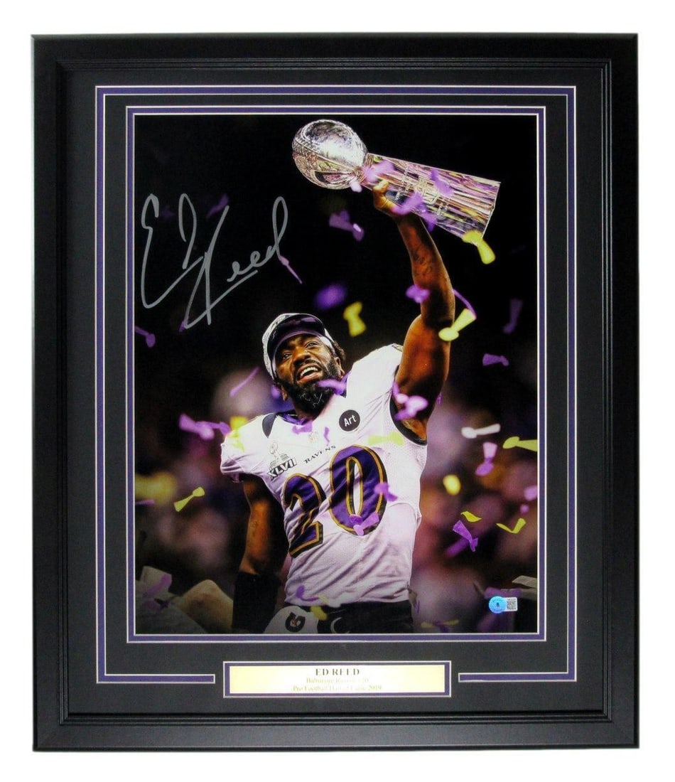 Ed Reed Autographed 16x20 Photo Baltimore Ravens Framed Beckett Authentic: Ed Reed Autographed 16x20 Photo Baltimore Ravens Framed Beckett Authentic This stunning 16x20 framed photo of Ed Reed, a Hall of Fame player for the Baltimore Ravens, features a bold autograph authent