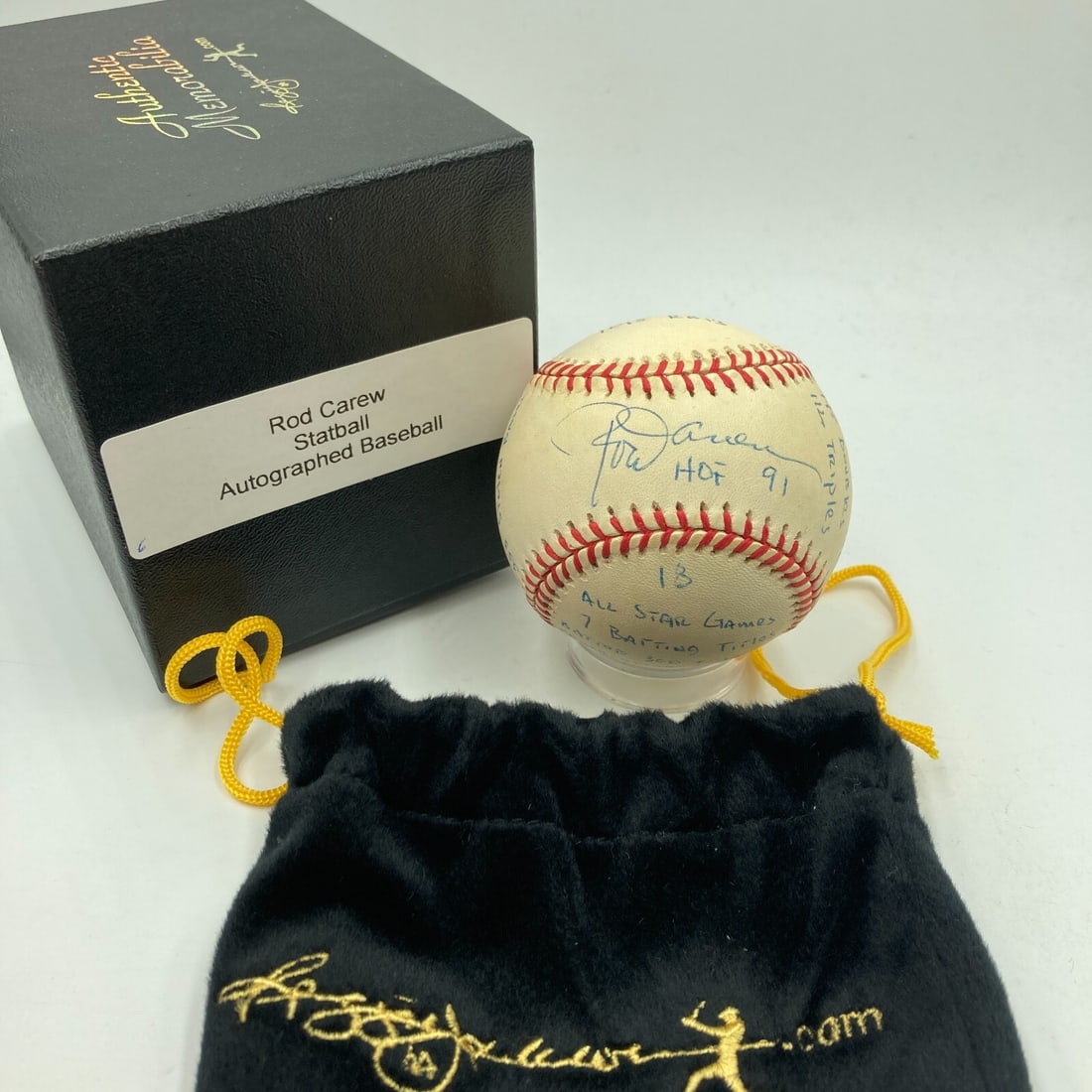 Rod Carew Signed Career Stats Baseball with Reggie Jackson COA: Rod Carew Signed Career Stats Baseball with Reggie Jackson COA This is an original baseball signed by Rod Carew, featuring extensive career statistics inscribed on the ball. The autograph has been aut