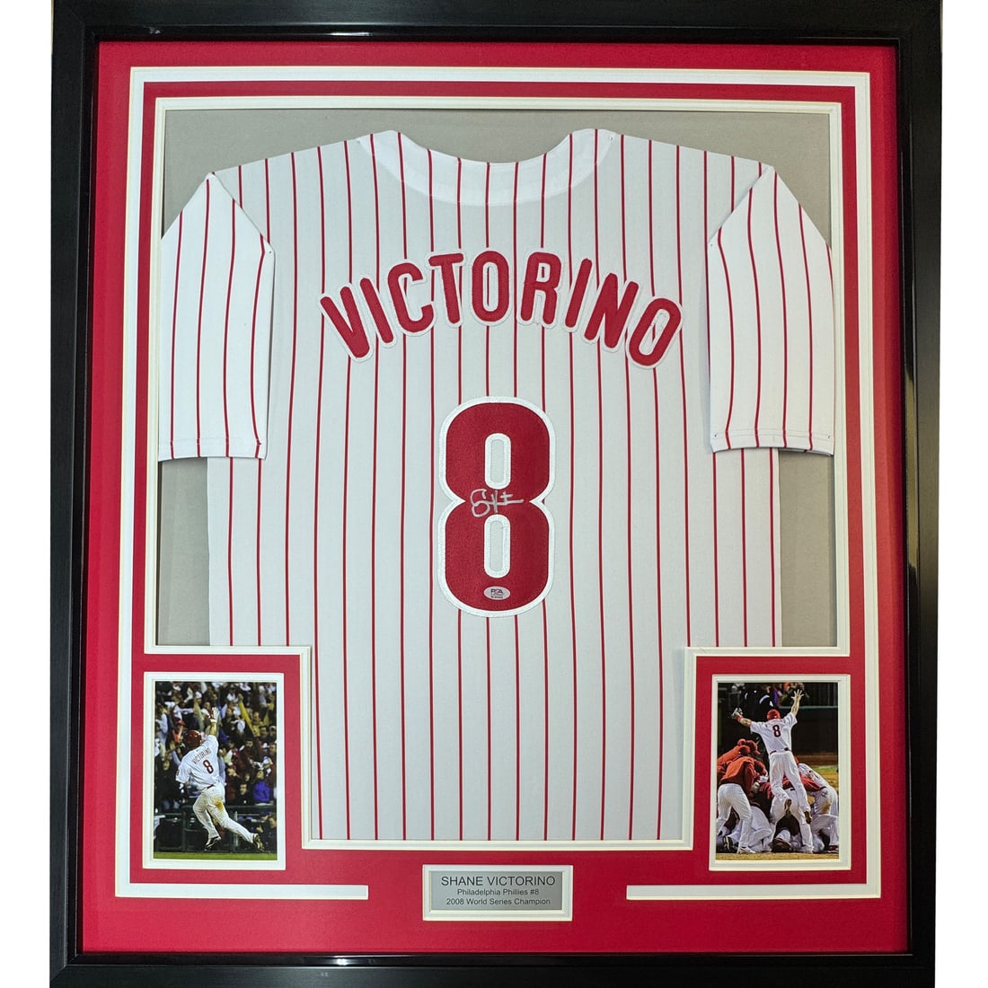 Framed Autographed Shane Victorino Pinstripe Jersey JSA COA 35x39: Framed Autographed Shane Victorino Pinstripe Jersey JSA COA 35x39 This professionally framed and matted autographed Shane Victorino pinstripe jersey is an exceptional collectible for any Philadelphia