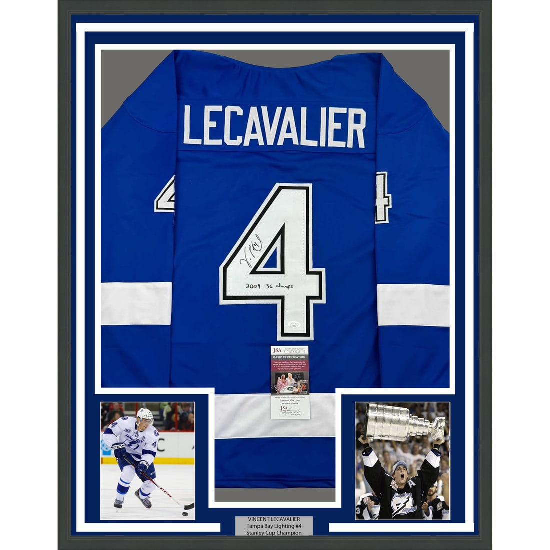 Framed Autographed Vincent Lecavalier Blue Jersey 35x39 JSA COA Tampa Bay Lightning: Framed Autographed Vincent Lecavalier Blue Jersey 35x39 JSA COA Tampa Bay Lightning Celebrate the legacy of Vincent Lecavalier with this professionally framed and autographed Tampa Bay Lightning jerse