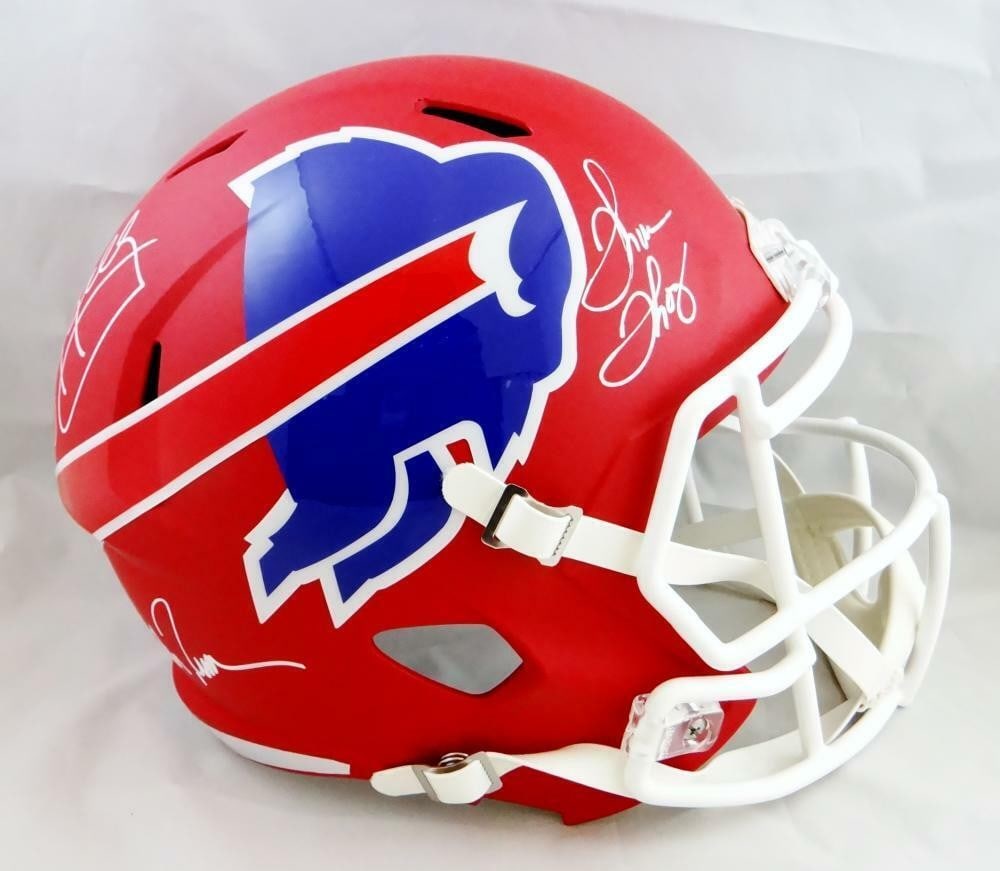Buffalo Bills Signed F/S AMP Speed Helmet Jim Kelly Andre Reed Thurman Thomas JSA Auth: Buffalo Bills Signed F/S AMP Speed Helmet Jim Kelly Andre Reed Thurman Thomas JSA Auth This original Buffalo Bills full-size AMP Speed helmet is signed by legendary players Jim Kelly, Andre Reed, and
