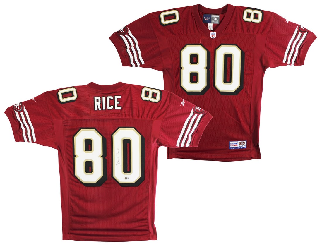 Jerry Rice Signed Red NFL Proline Jersey Beckett Authenticated: Jerry Rice Signed Red NFL Proline Jersey Beckett Authenticated This red Reebok NFL Proline jersey is an authentic, pre-owned item personally signed by Jerry Rice of the San Francisco 49ers. The autogr