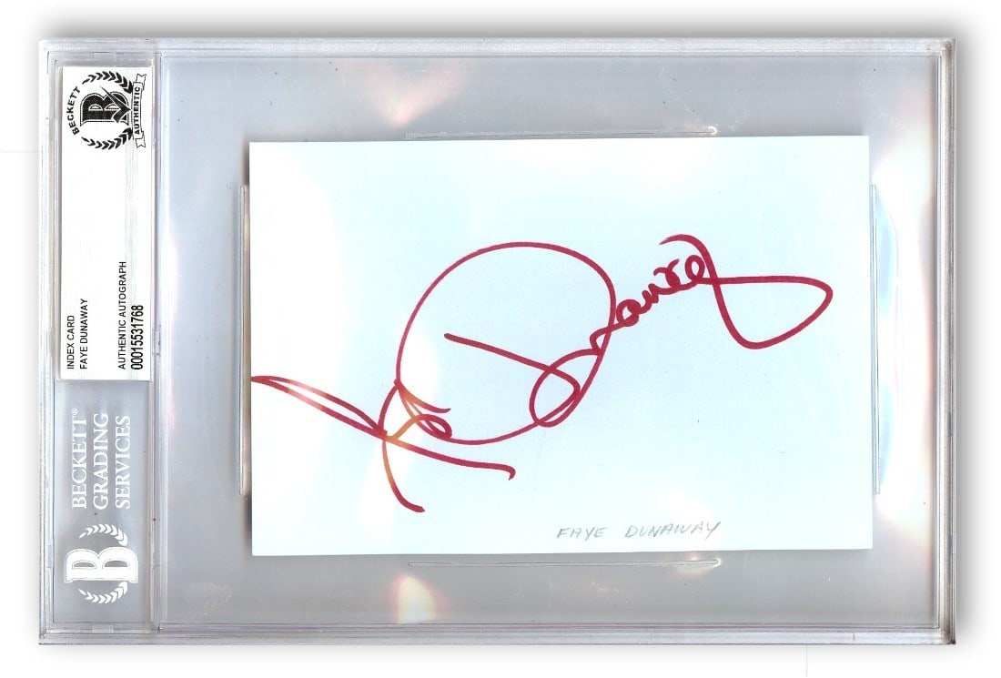 Faye Dunaway Autographed Index Card Bonnie & Clyde Beckett Authenticated 6 x 9: Faye Dunaway Autographed Index Card Bonnie & Clyde Beckett Authenticated 6 x 9 This Faye Dunaway signed index card is a collectible piece featuring the acclaimed actress known for her role in the clas