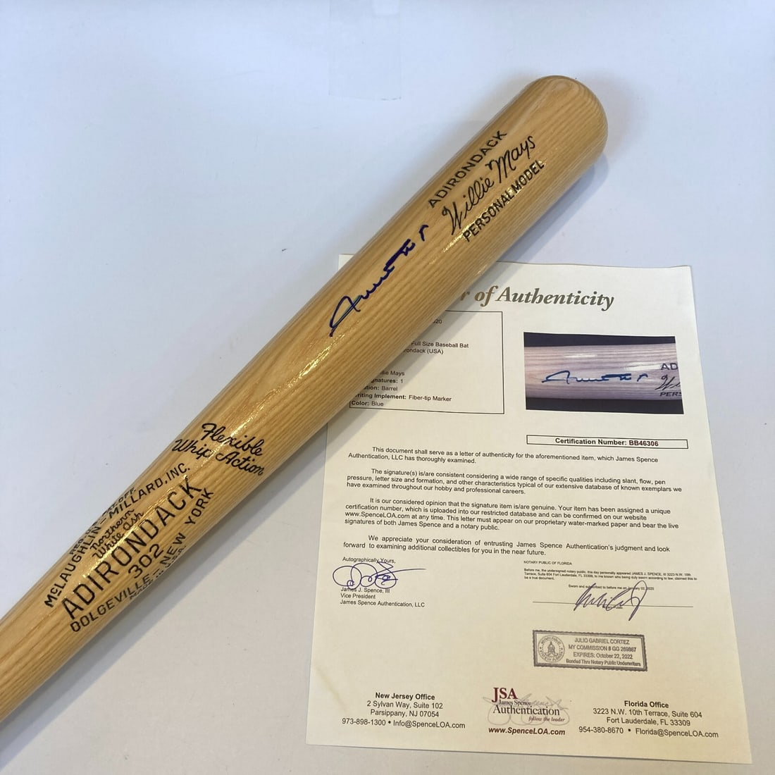 Willie Mays Autographed Adirondack Baseball Bat with JSA Certificate: Willie Mays Autographed Adirondack Baseball Bat with JSA Certificate This is an original signed Adirondack game model baseball bat by the legendary Willie Mays, a true icon of Major League Baseball. T