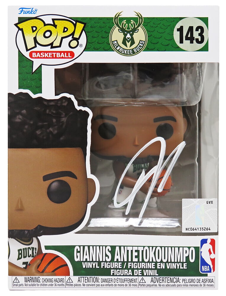 Giannis Antetokounmpo Signed Funko Pop Doll #143 Milwaukee Bucks with COA: Giannis Antetokounmpo Signed Funko Pop Doll #143 Milwaukee Bucks with COA This is a signed Funko Pop doll featuring Giannis Antetokounmpo, the star player of the Milwaukee Bucks. The doll is numbered