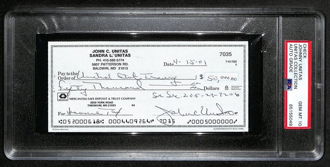 Johnny Unitas Signed Check PSA/DNA GEM MT 10 Baltimore Colts: Johnny Unitas Signed Check PSA/DNA GEM MT 10 Baltimore Colts Offered is an original Johnny Unitas signed cancelled check dated April 15, 2002, from his time with the Baltimore Colts. This check, authe