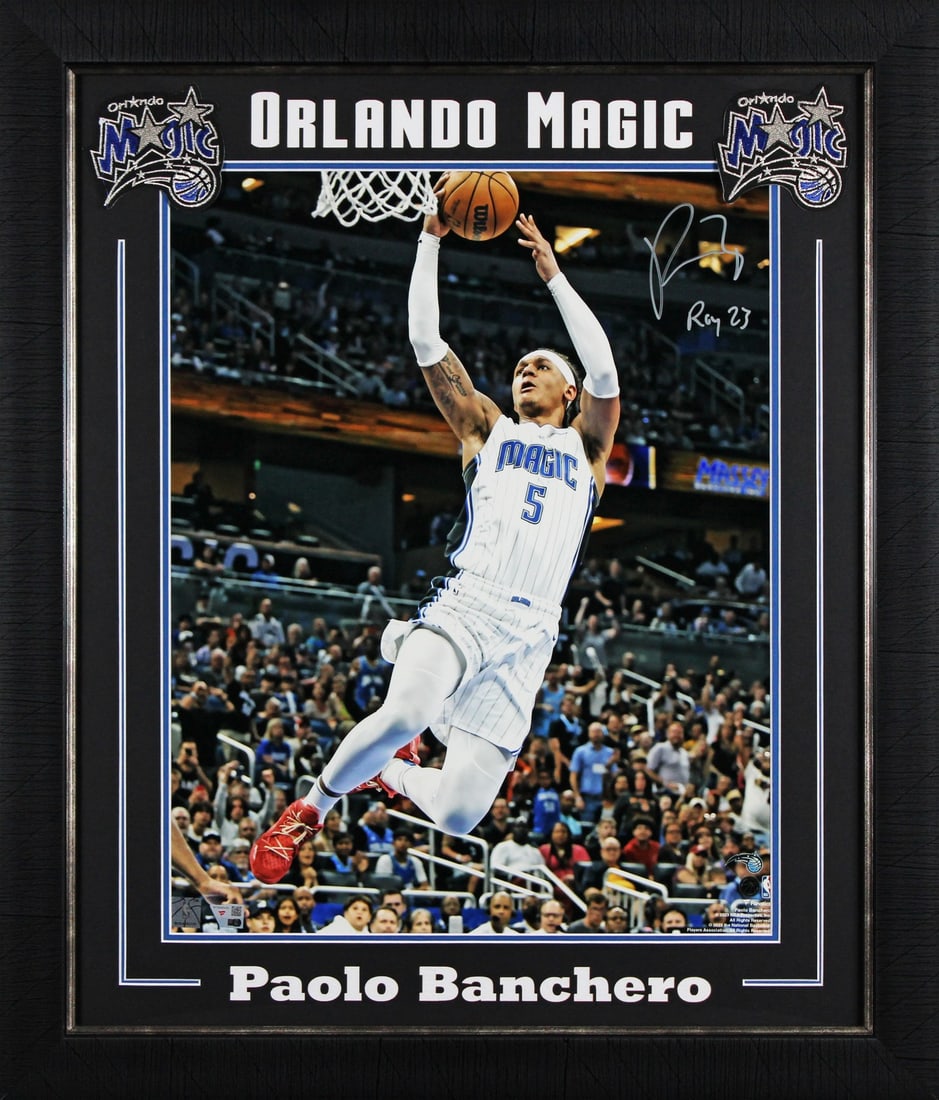 Paolo Banchero Signed 16x20 Framed Photo ROY 23 Orlando Magic Fanatics: Paolo Banchero Signed 16x20 Framed Photo ROY 23 Orlando Magic Fanatics Celebrate the impressive career of Paolo Banchero with this authentic signed 16x20 framed photo featuring the inscription "ROY 23