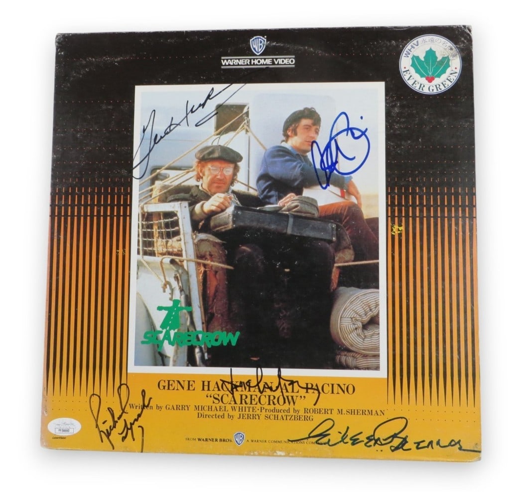 Scarecrow Cast Autographed Laserdisc Cover JSA Al Pacino Gene Hackman Eileen Brennan: Scarecrow Cast Autographed Laserdisc Cover JSA Al Pacino Gene Hackman Eileen Brennan This is a unique collectible featuring the autographed cover of the laserdisc for the film "Scarecrow," signed by r