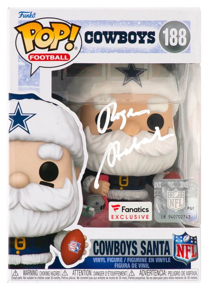 Roger Staubach Signed Dallas Cowboys SANTA Funko Pop #188 with COA: Roger Staubach Signed Dallas Cowboys SANTA Funko Pop #188 with COA Celebrate the legacy of NFL legend Roger Staubach with this signed Dallas Cowboys SANTA Funko Pop doll #188. This collectible item sh