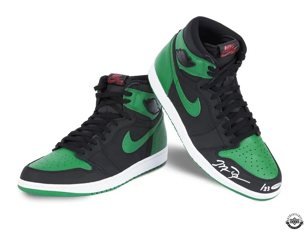 Michael Jordan Signed Nike Air Jordan 1 Retro High Pine Green Limited Edition 23: Michael Jordan Signed Nike Air Jordan 1 Retro High Pine Green Limited Edition 23 Elevate your sneaker collection with these Michael Jordan Autographed Nike Air Jordan 1 Retro High in Pine Green and Bl