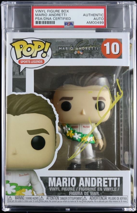 Mario Andretti Autographed Funko Pop PSA/DNA NASCAR Collectible: Mario Andretti Autographed Funko Pop PSA/DNA NASCAR Collectible This collectible Funko Pop features an authentic autograph from racing legend Mario Andretti. The signature has been verified by PSA/DNA