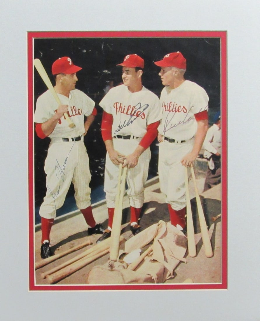 Philadelphia Phillies 1950s Multi Signed 8x10 Photo Ashburn Ennis Hamner: Philadelphia Phillies 1950s Multi Signed 8x10 Photo Ashburn Ennis Hamner This original 1950's Philadelphia Phillies signed 8x10 matted photo features the autographs of baseball legends Richie Ashburn,