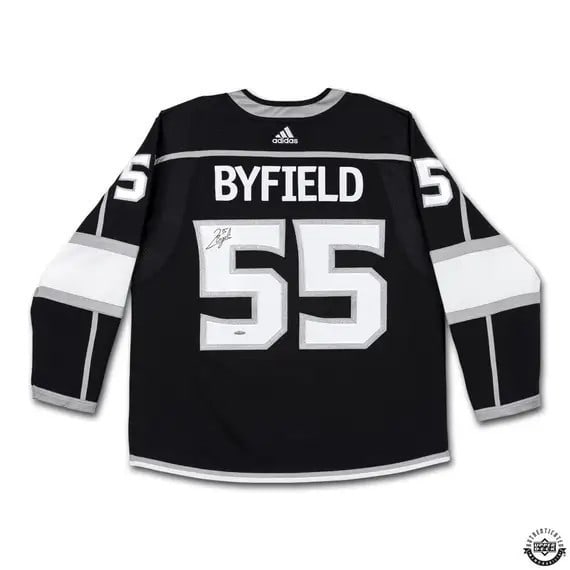 Quinton Byfield Autographed Black Aeroready Jersey UDA Certified Kings: Quinton Byfield Autographed Black Aeroready Jersey UDA Certified Kings This is an officially licensed black Aeroready jersey, autographed by Quinton Byfield of the Los Angeles Kings. The jersey comes