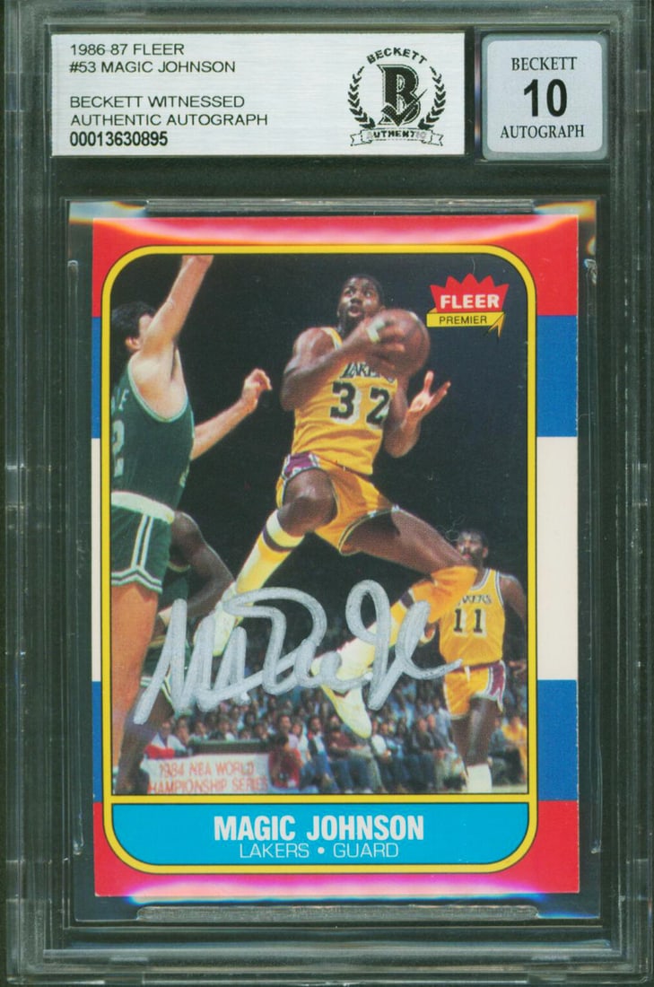 Magic Johnson Signed 1986 Fleer #53 Card Gem Mint 10 Beckett Authenticated: Magic Johnson Signed 1986 Fleer #53 Card Gem Mint 10 Beckett Authenticated This 1986 Fleer #53 card features an authentic signature from Magic Johnson, a legendary player of the Los Angeles Lakers. Gr