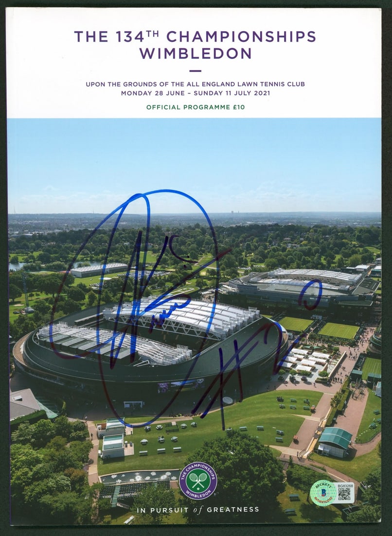 Novak Djokovic Signed 2021 Wimbledon Program #20 Beckett Authenticated: Novak Djokovic Signed 2021 Wimbledon Program #20 Beckett Authenticated This exceptional piece features a personally signed 2021 Wimbledon Program by tennis champion Novak Djokovic, commemorating his h