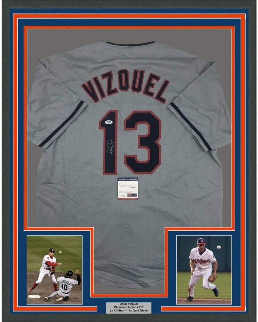 Framed Autographed Omar Vizquel Jersey 33x42 Cleveland Indians PSA/DNA COA: Framed Autographed Omar Vizquel Jersey 33x42 Cleveland Indians PSA/DNA COA This professionally framed and matted autographed jersey features the signature of Omar Vizquel, a celebrated MLB player know