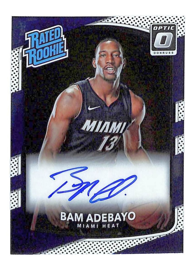 Bam Adebayo 2017-18 Donruss Optic Rated Rookie Autograph Card: Bam Adebayo 2017-18 Donruss Optic Rated Rookie Autograph Card This is a 2017-18 Donruss Optic Rated Rookie trading card featuring Bam Adebayo, a standout player in the NBA. This card showcases his roo