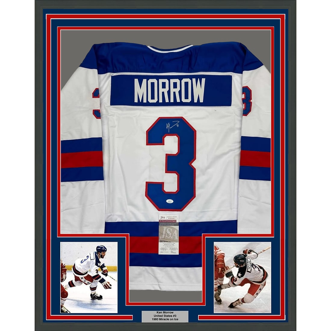 Framed Ken Morrow Autographed 1980 Miracle Jersey with JSA COA: Framed Ken Morrow Autographed 1980 Miracle Jersey with JSA COA This is a professionally framed and autographed 1980 Miracle White Jersey signed by Ken Morrow, a notable athlete from the NHL. The jerse