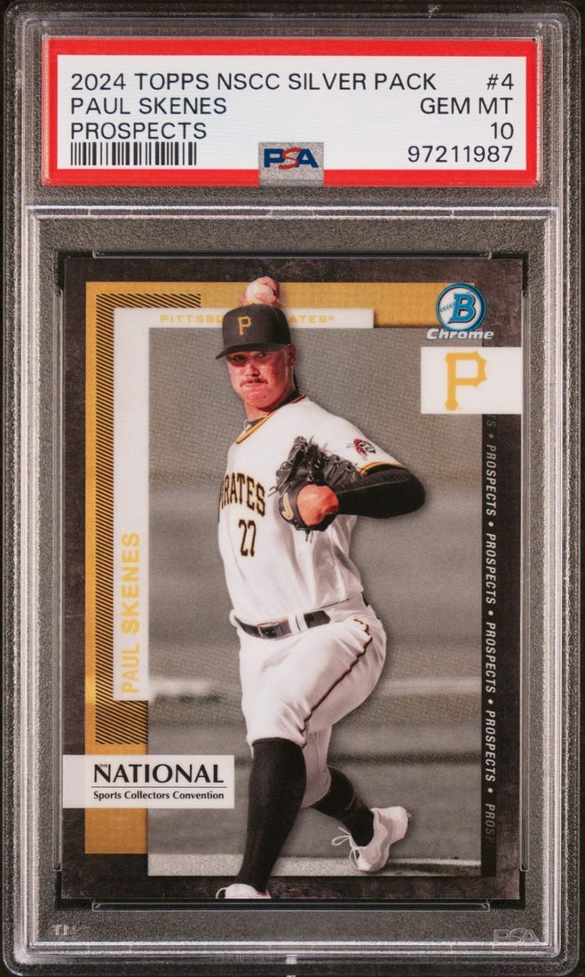2024 Topps NSCC Silver Pack Paul Skenes PSA 10 Baseball Card: 2024 Topps NSCC Silver Pack Paul Skenes PSA 10 Baseball Card This is a graded 2024 Topps NSCC Silver Pack Paul Skenes #4 Prospects Baseball Card, receiving a prestigious PSA 10 grade. The card, featur