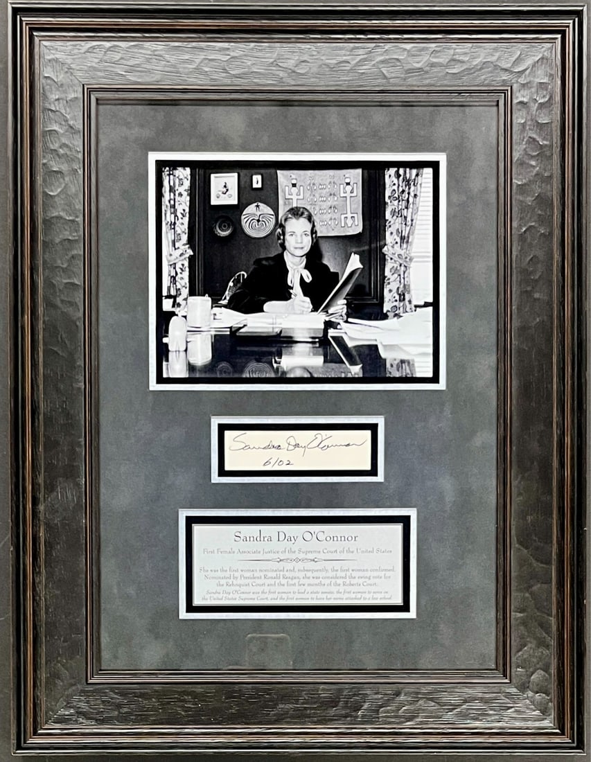 Sandra Day O'Connor Signed Cut Custom Framed Display BAS 24x19: Sandra Day O'Connor Signed Cut Custom Framed Display BAS 24x19 This stunning custom framed display features the authentic signature of Sandra Day O'Connor, the first woman to serve as a Supreme Court