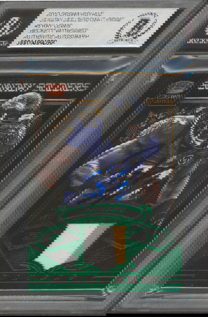 Ray Lewis Autographed 2012 Crown Royale 2/49 Gem Mint 10 Card BAS Slab: Ray Lewis Autographed 2012 Crown Royale 2/49 Gem Mint 10 Card BAS Slab This 2012 Crown Royale Sunday Soldiers Mat Prime #3 card features a stunning autograph from Ray Lewis, a legendary player of the