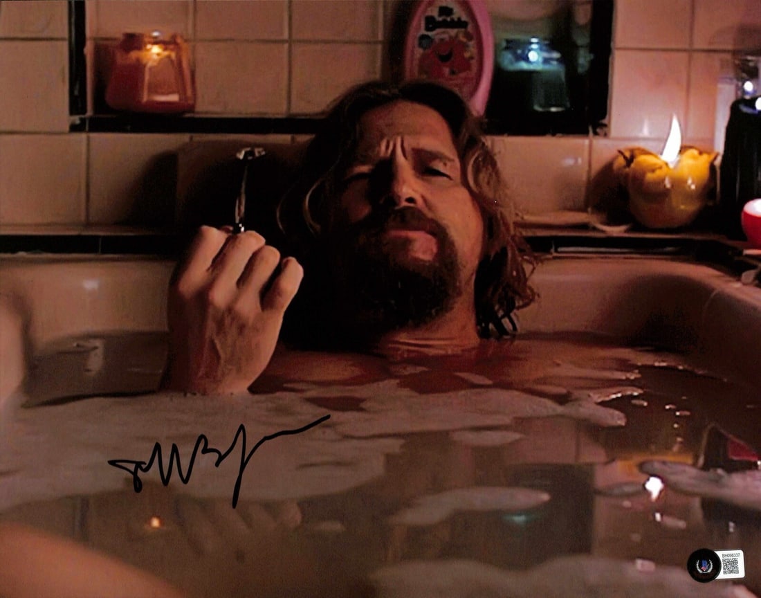Jeff Bridges Signed 11x14 Photo The Big Lebowski Beckett Certified: Jeff Bridges Signed 11x14 Photo The Big Lebowski Beckett Certified This is an autographed 11x14 photograph of Jeff Bridges, known for his iconic role as "The Dude" in the cult classic film The Big Leb