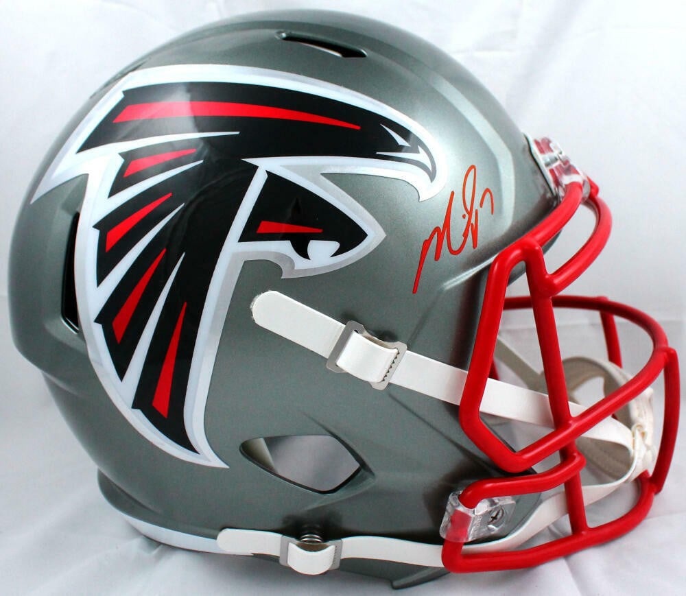Michael Vick Signed Atlanta Falcons Full Size Speed Helmet Beckett Authenticated: Michael Vick Signed Atlanta Falcons Full Size Speed Helmet Beckett Authenticated This authentic Atlanta Falcons full-size flash speed helmet is signed by former NFL quarterback Michael Vick. The helme