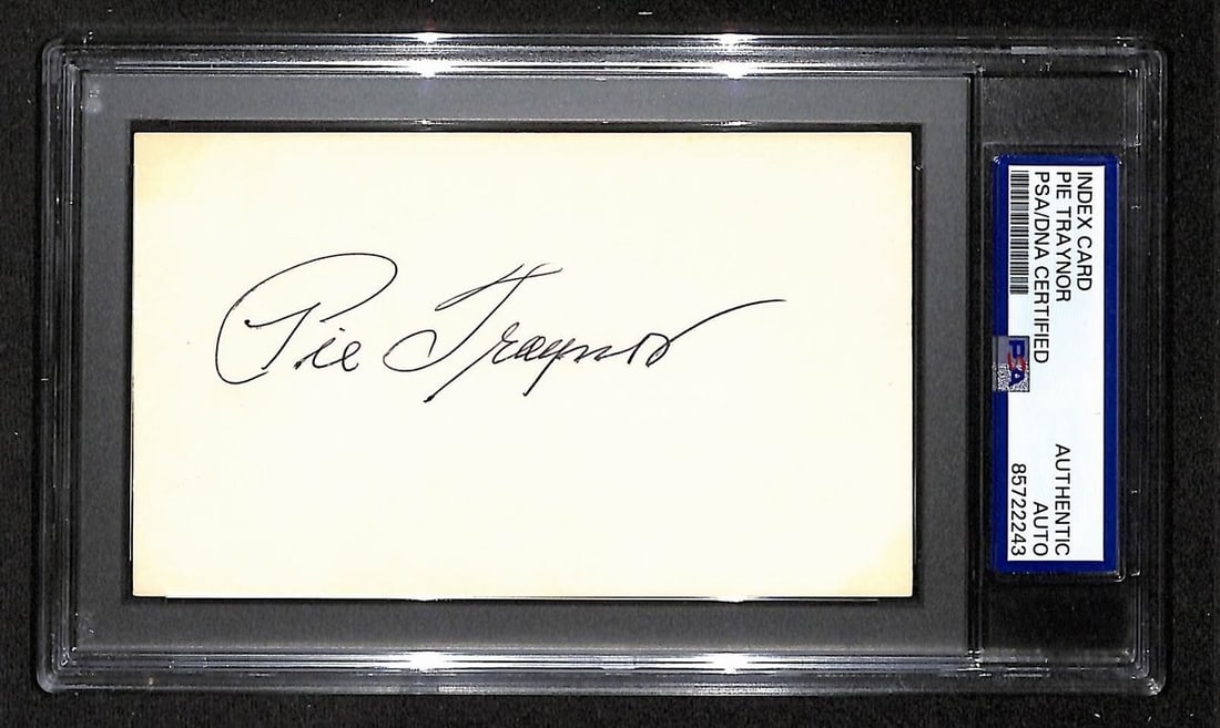 PSA DNA Authenticated 3x5 Index Card Signed by Pie Traynor Hall of Fame Pirates: PSA DNA Authenticated 3x5 Index Card Signed by Pie Traynor Hall of Fame Pirates This is an original 3x5 index card autographed by Hall of Fame baseball player Pie Traynor. The card has been authentica
