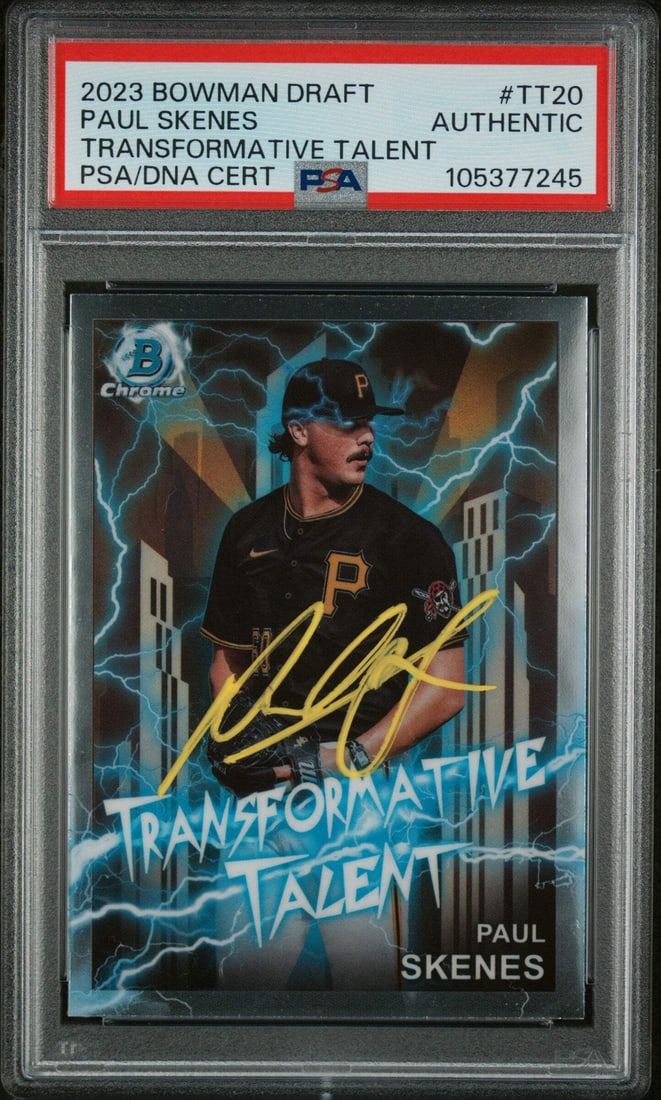 2023 Bowman Draft Paul Skenes #TT20 Rookie Card PSA Authentic Autograph: 2023 Bowman Draft Paul Skenes #TT20 Rookie Card PSA Authentic Autograph This graded 2023 Bowman Draft Paul Skenes #TT20 Talent Rookie Card features the autograph of the up-and-coming MLB player Paul S
