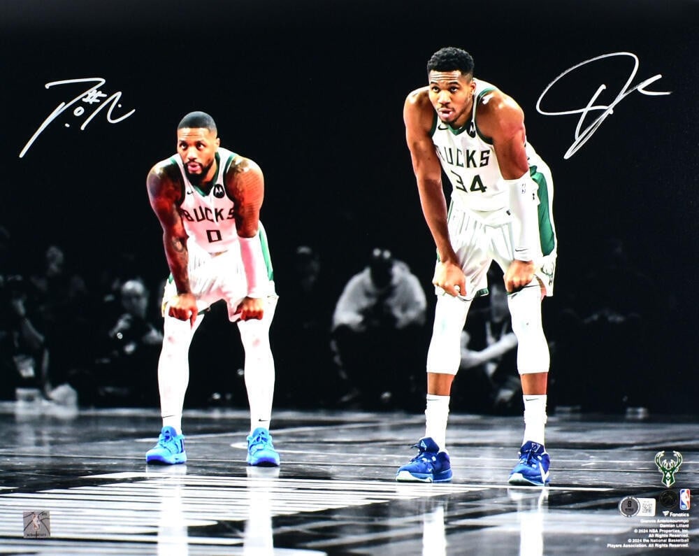 Giannis Antetokounmpo Damian Lillard Signed Bucks 16x20 Photo Beckett Auth: Giannis Antetokounmpo Damian Lillard Signed Bucks 16x20 Photo Beckett Auth This stunning 16x20 photo features the dynamic duo of Giannis Antetokounmpo and Damian Lillard, both signed in bold ink. Cele