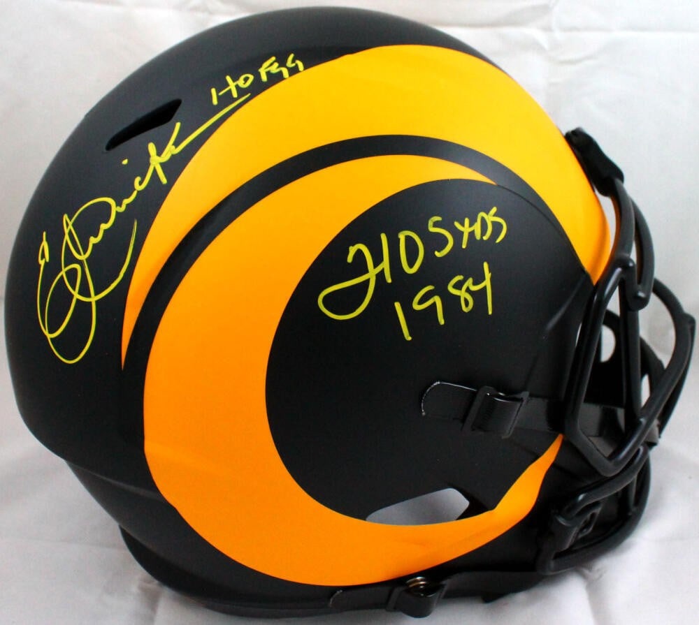 Eric Dickerson Signed LA Rams Eclipse Speed Helmet Beckett Auth: Eric Dickerson Signed LA Rams Eclipse Speed Helmet Beckett Auth This is an original LA Rams full-size Eclipse Speed helmet, signed by NFL legend Eric Dickerson. The helmet showcases the iconic team co