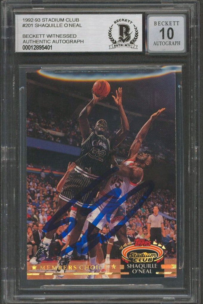 Shaquille O'Neal Signed 1992 Stadium Club Rookie Card Gem Mint 10 Beckett: Shaquille O'Neal Signed 1992 Stadium Club Rookie Card Gem Mint 10 Beckett This is a 1992 Stadium Club #201 Rookie Card featuring Shaquille O'Neal, personally signed by the NBA superstar. Graded Gem Mi