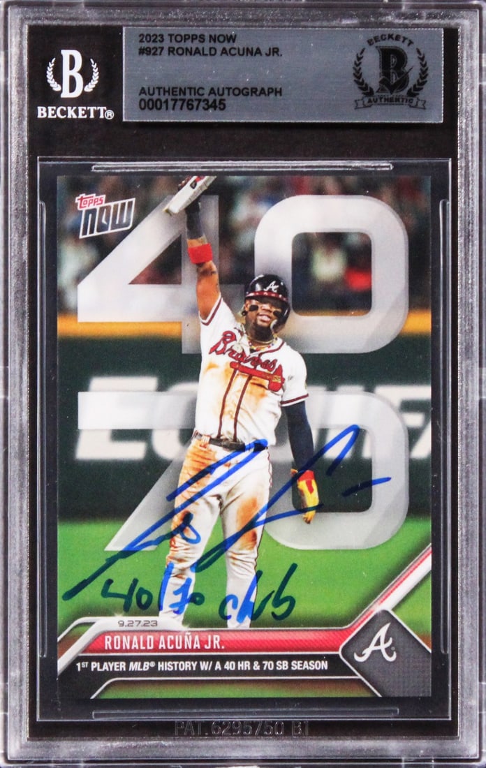 Ronald Acuna Jr. Signed 2023 Topps Now #927 40/70 Club Beckett Authenticated Card: Ronald Acuna Jr. Signed 2023 Topps Now #927 40/70 Club Beckett Authenticated Card Celebrate baseball greatness with this autographed 2023 Topps Now #927 card, personally signed by Ronald Acuna Jr. of