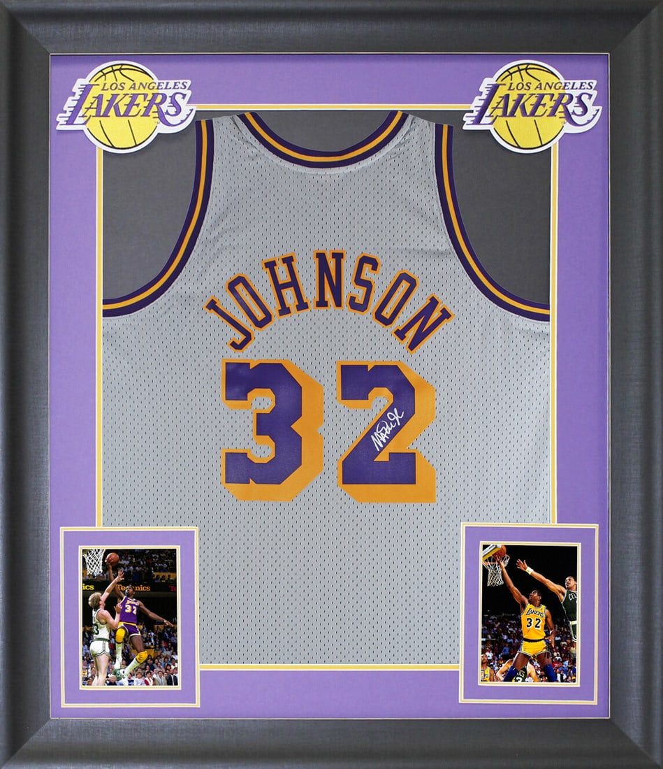 Magic Johnson Signed Grey Lakers Swingman Jersey Framed BAS Authenticated: Magic Johnson Signed Grey Lakers Swingman Jersey Framed BAS Authenticated Celebrate the legacy of Magic Johnson with this autographed grey Mitchell & Ness Hardwood Classics Swingman Jersey, personally