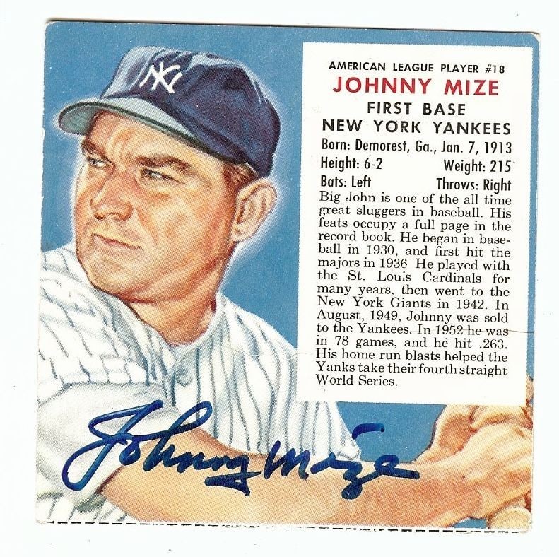 Johnny Mize 1953 Red Man T233 Signed Card Yankees JSA Authenticated: Johnny Mize 1953 Red Man T233 Signed Card Yankees JSA Authenticated This Johnny Mize 1953 Red Man T233 signed autograph baseball card is a must-have for any serious collector. Featuring the legendary