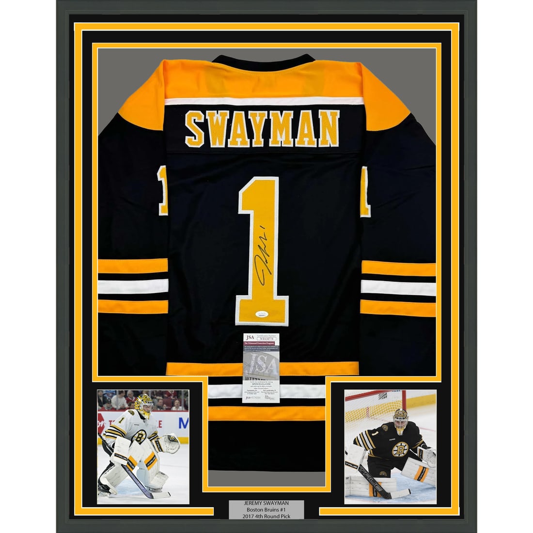 Framed Signed Jeremy Swayman Boston Bruins Jersey with JSA COA 35x39: Framed Signed Jeremy Swayman Boston Bruins Jersey with JSA COA 35x39 This stunning framed display features a signed Jeremy Swayman jersey from the Boston Bruins, a must-have for any hockey enthusiast.
