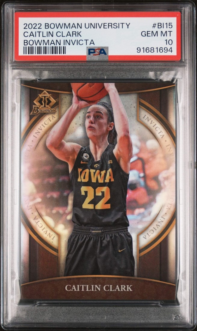 2022 Topps Bowman U Caitlin Clark #BI15 Invicta RC PSA 10 Basketball Card: 2022 Topps Bowman U Caitlin Clark #BI15 Invicta RC PSA 10 Basketball Card This is a graded 2022 Topps Bowman U Caitlin Clark #BI15 Invicta RC basketball card, featuring the talented athlete from the I