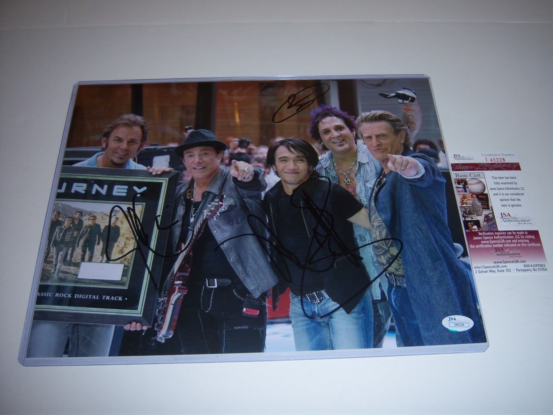 Journey Signed 11x14 Photo by Schon Cain Vallory Pineda Castronovo JSA COA: Journey Signed 11x14 Photo by Schon Cain Vallory Pineda Castronovo JSA COA This is an original 11x14 photograph featuring members of the band Journey, including Neal Schon, Cain, Vallory, Pineda, and