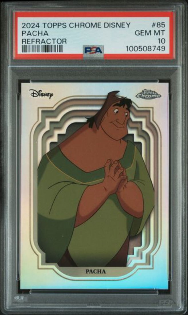 2024 Topps Chrome Disney Silver Refractor Pacha #85 PSA 10 Gem Mint Card: 2024 Topps Chrome Disney Silver Refractor Pacha #85 PSA 10 Gem Mint Card This is a graded 2024 Topps Chrome Disney Silver Refractor card featuring Pacha, numbered #85. The card has achieved a PSA 10 G
