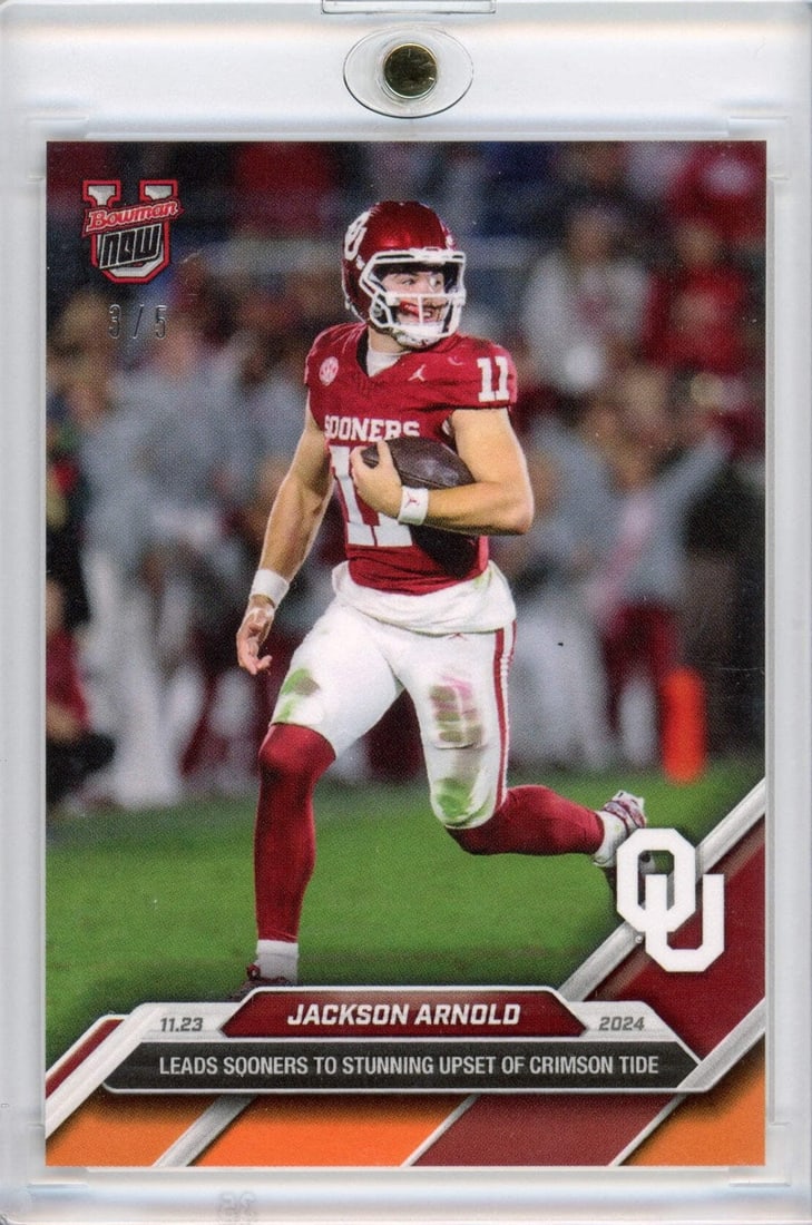 2024 Bowman U Now Jackson Arnold #46 Orange /5 NCAA Football Card: 2024 Bowman U Now Jackson Arnold #46 Orange /5 NCAA Football Card This is a 2024 Bowman U Now Jackson Arnold #46 Orange football card, a limited edition rookie card from the NCAA featuring the Oklahom